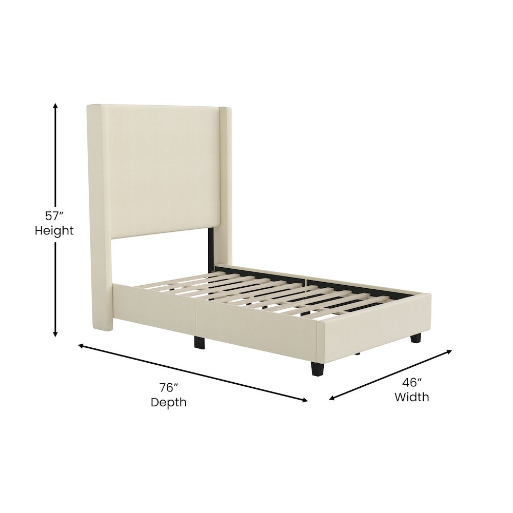 Twin Upholstered Platform Bed with Channel Stitched Wingback Headboard, Beige. Picture 5