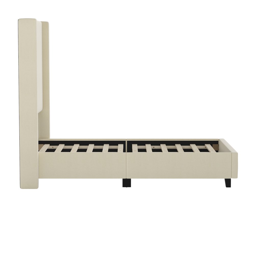 Twin Upholstered Platform Bed with Channel Stitched Wingback Headboard, Beige. Picture 9