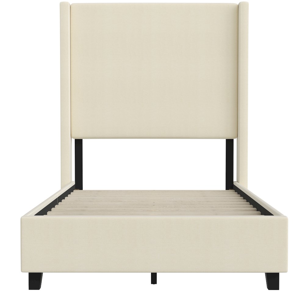 Twin Upholstered Platform Bed with Channel Stitched Wingback Headboard, Beige. Picture 10