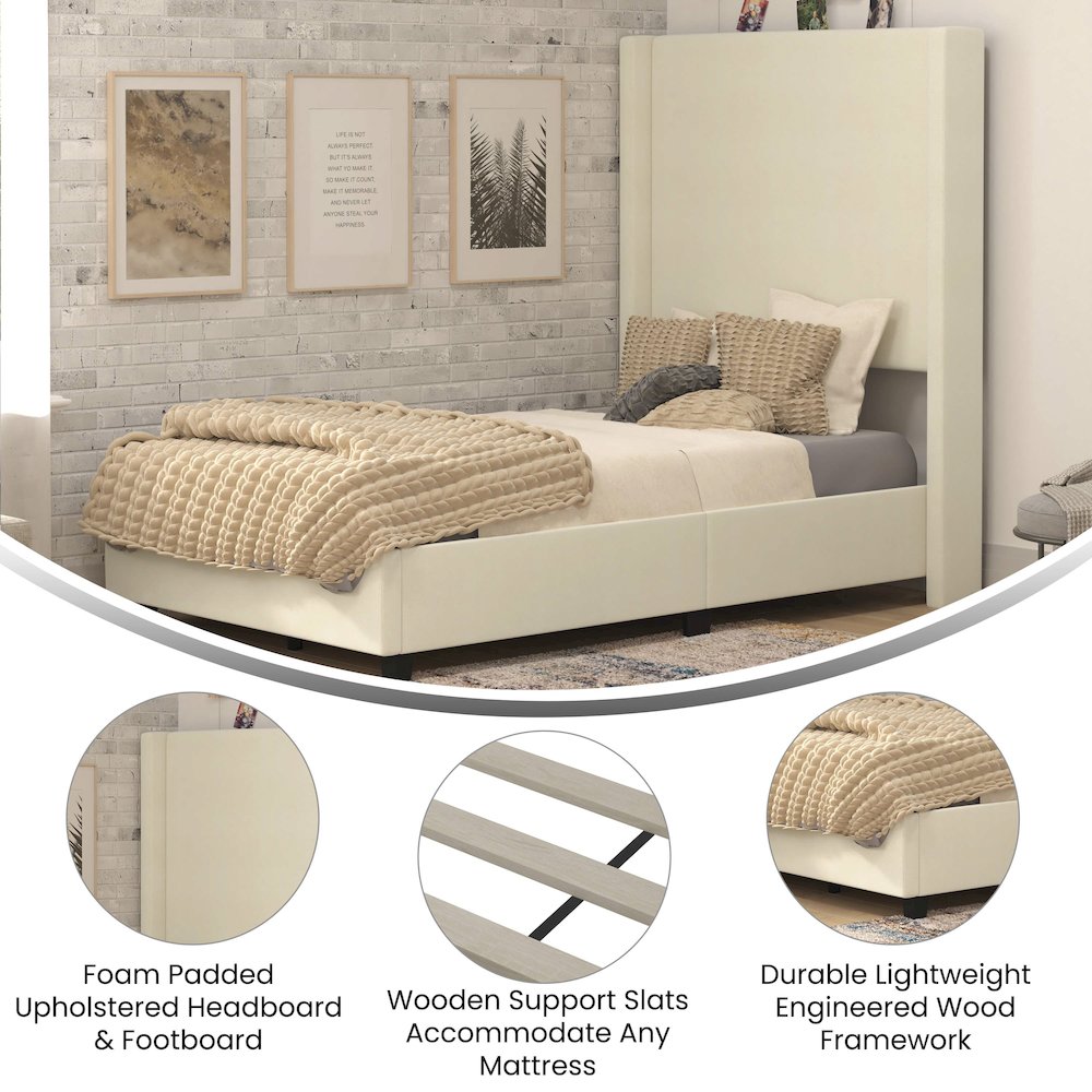 Twin Upholstered Platform Bed with Channel Stitched Wingback Headboard, Beige. Picture 4