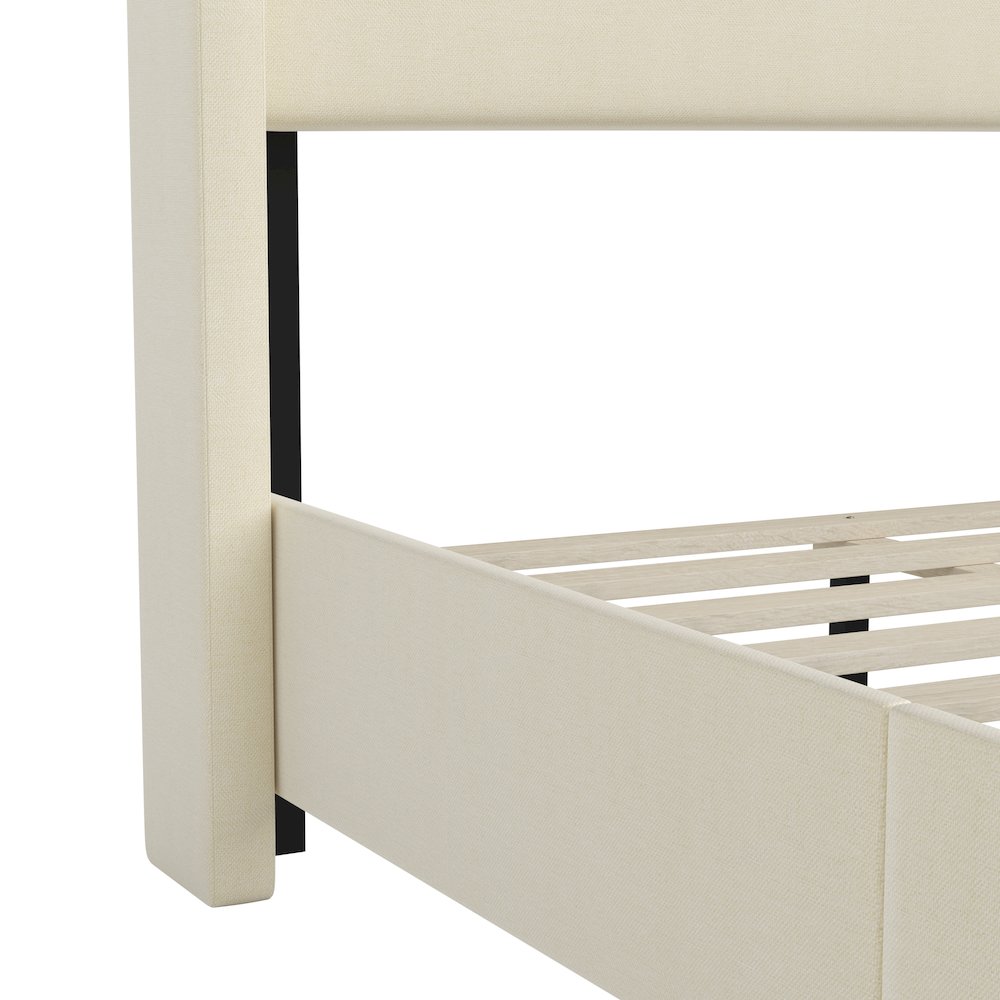 Twin Upholstered Platform Bed with Channel Stitched Wingback Headboard, Beige. Picture 11