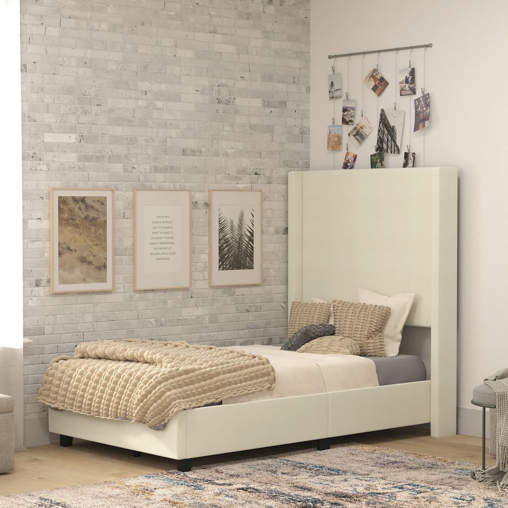 Twin Upholstered Platform Bed with Channel Stitched Wingback Headboard, Beige. Picture 2