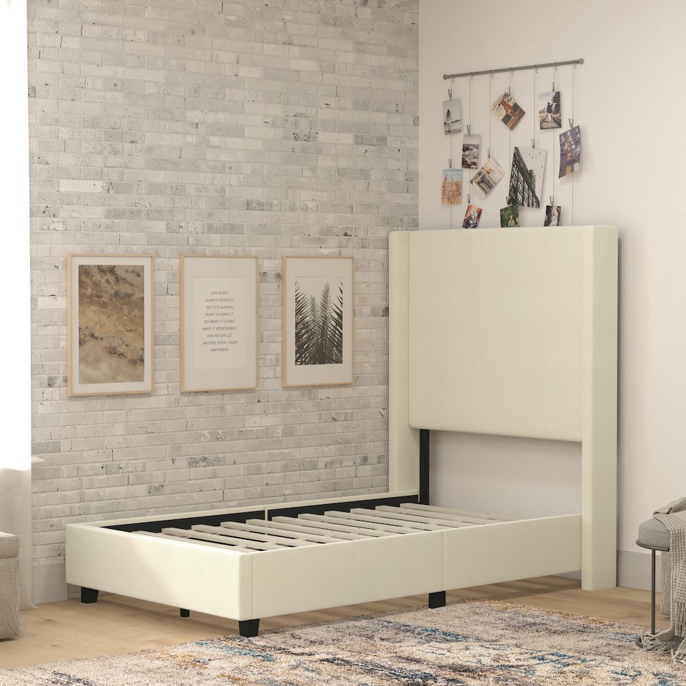 Twin Upholstered Platform Bed with Channel Stitched Wingback Headboard, Beige. Picture 6