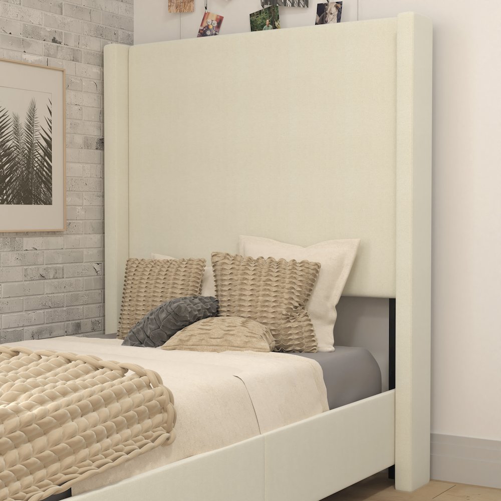 Twin Upholstered Platform Bed with Channel Stitched Wingback Headboard, Beige. Picture 7