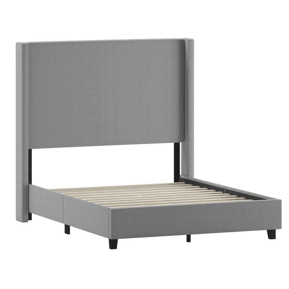 Full Upholstered Platform Bed with Channel Stitched Wingback Headboard, Gray. Picture 1