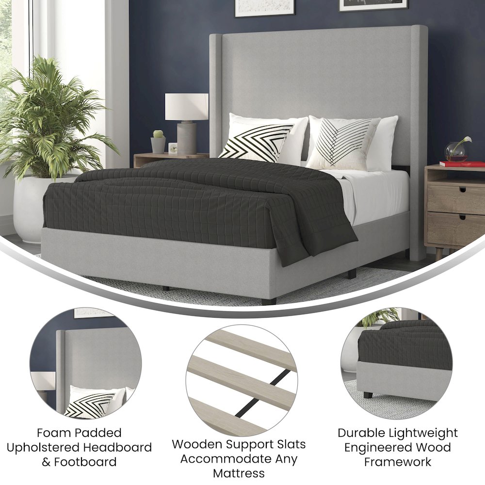 Full Upholstered Platform Bed with Channel Stitched Wingback Headboard, Gray. Picture 4