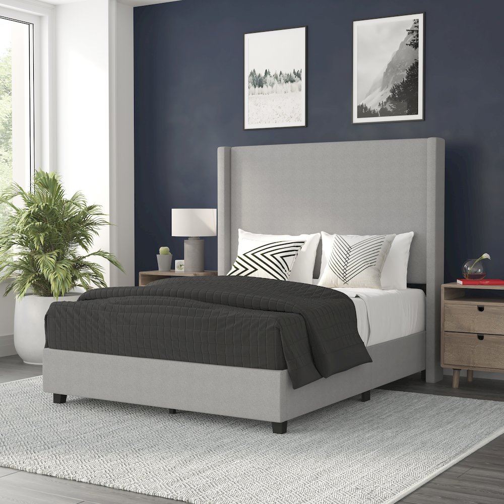 Full Upholstered Platform Bed with Channel Stitched Wingback Headboard, Gray. Picture 2