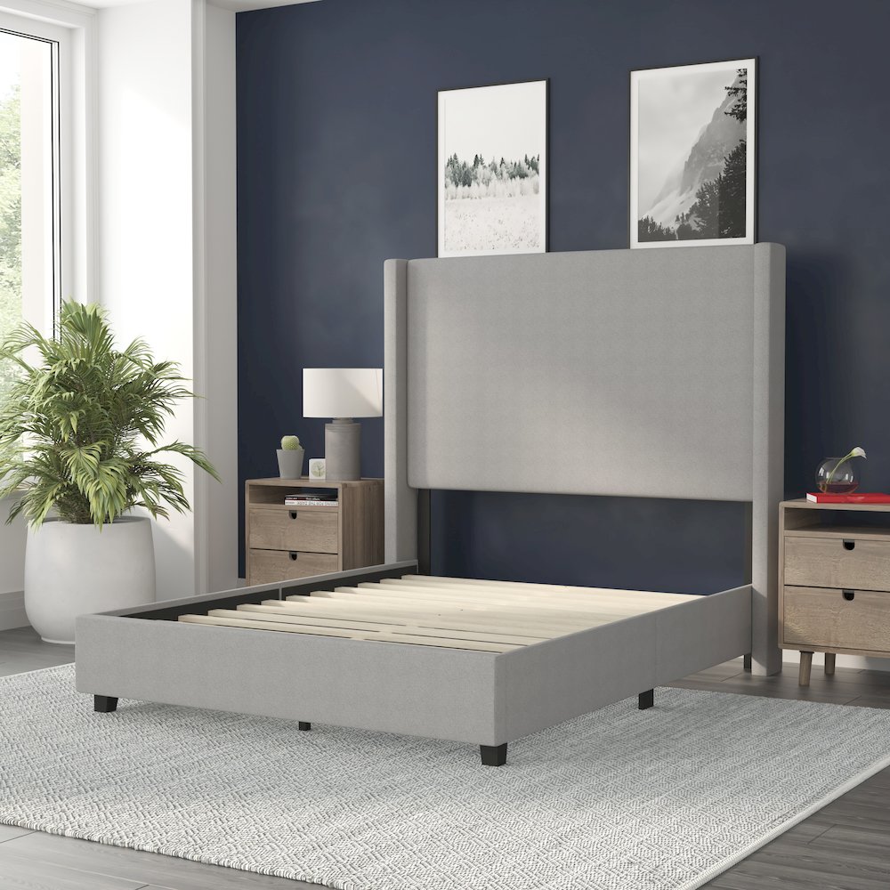 Full Upholstered Platform Bed with Channel Stitched Wingback Headboard, Gray. Picture 6