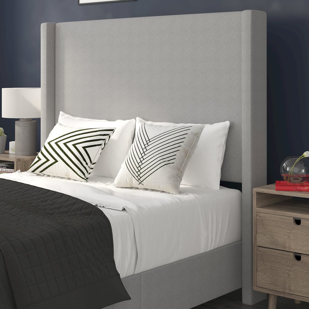 Full Upholstered Platform Bed with Channel Stitched Wingback Headboard, Gray. Picture 7