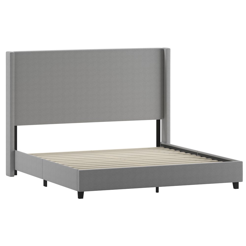 King Upholstered Platform Bed with Channel Stitched Wingback Headboard, Gray. Picture 1