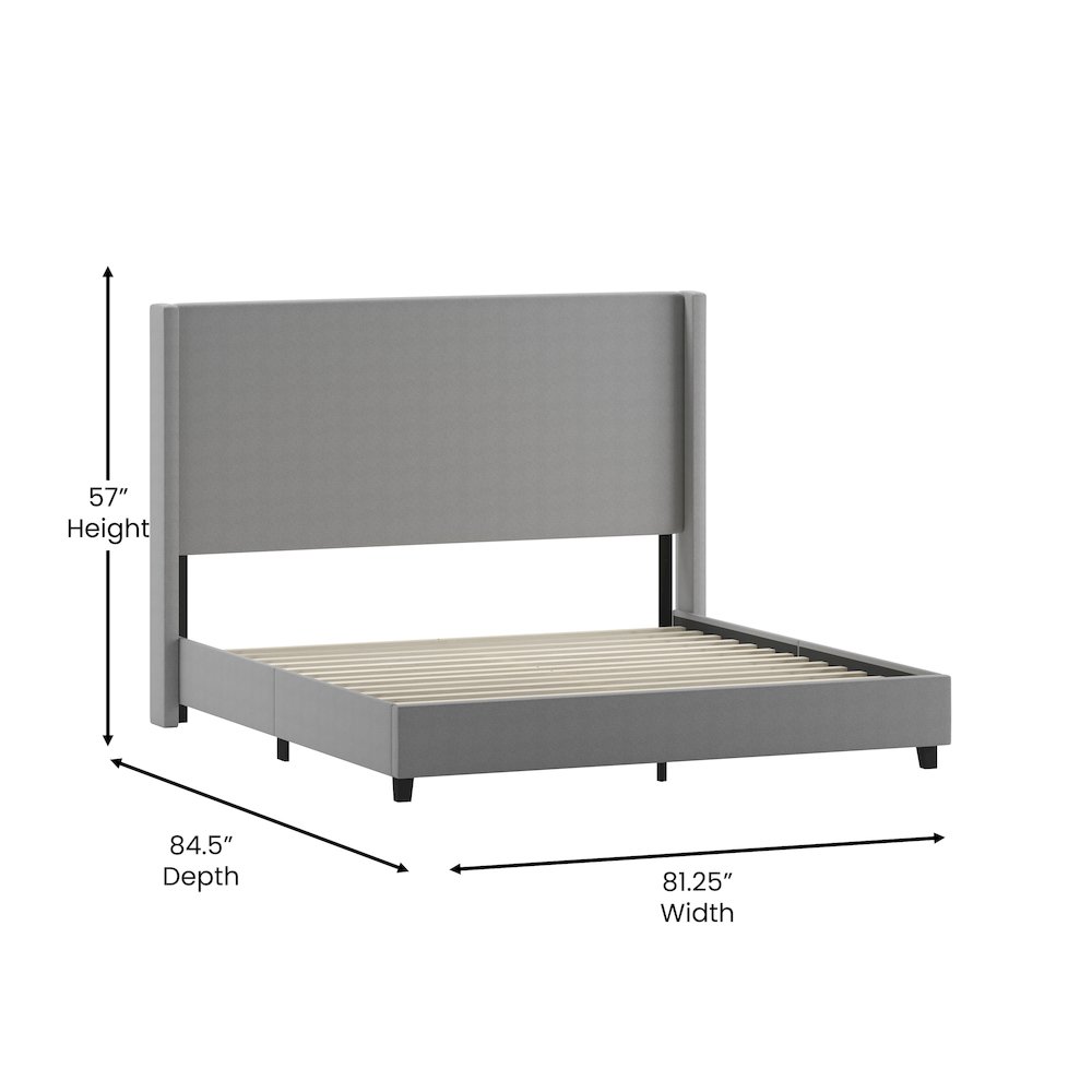 King Upholstered Platform Bed with Channel Stitched Wingback Headboard, Gray. Picture 5