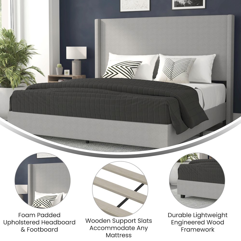King Upholstered Platform Bed with Channel Stitched Wingback Headboard, Gray. Picture 4