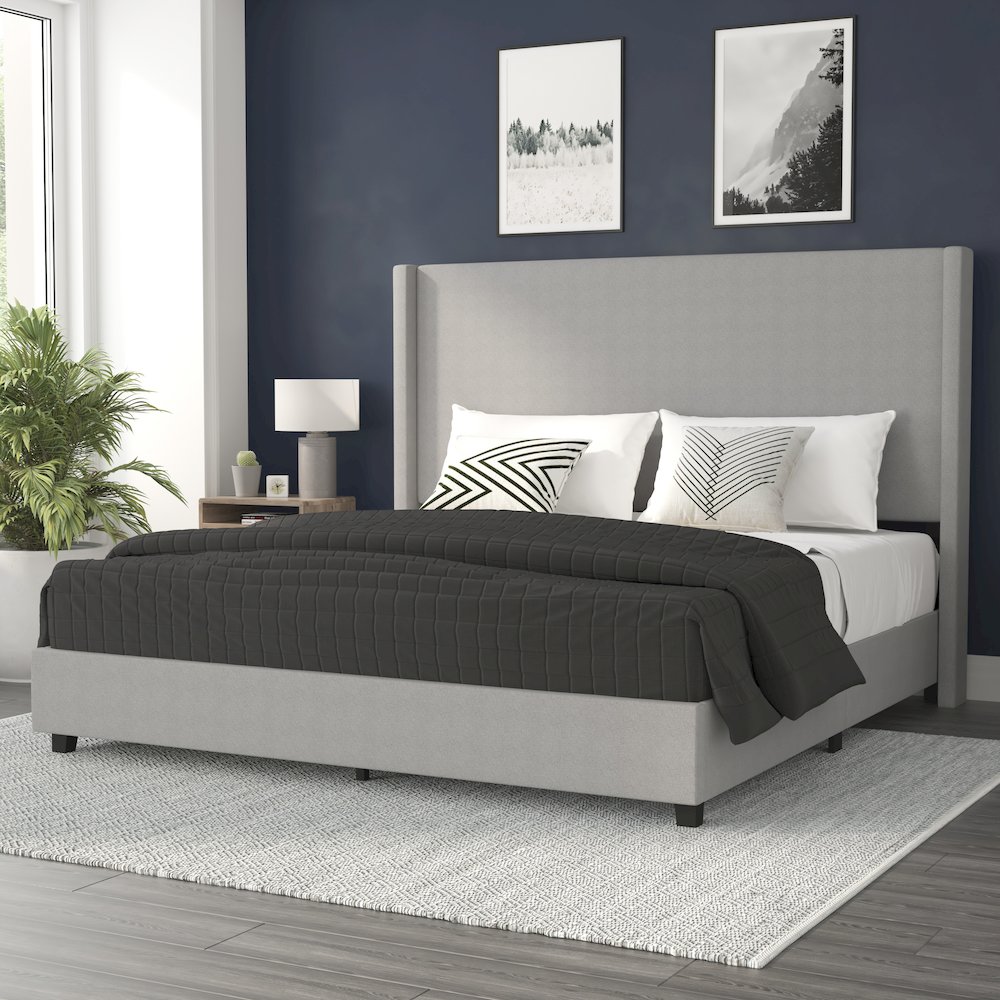 King Upholstered Platform Bed with Channel Stitched Wingback Headboard, Gray. Picture 2