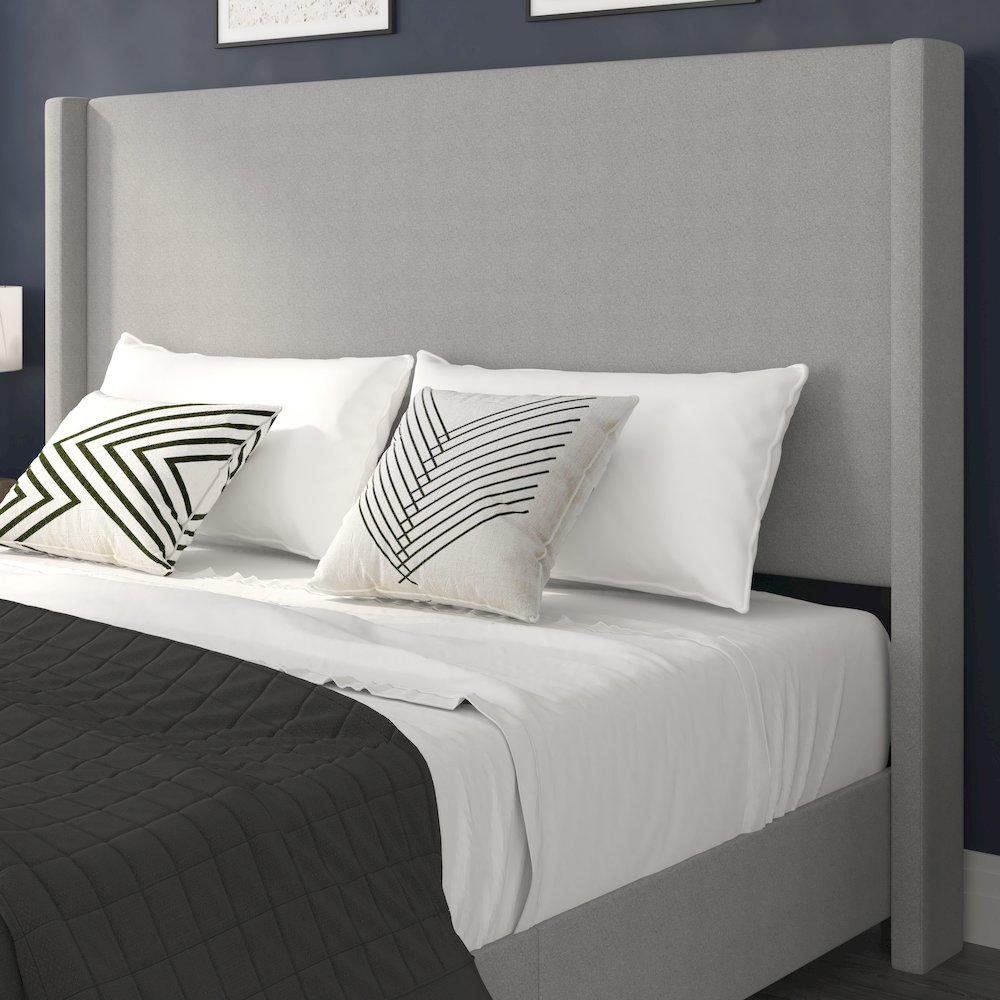 King Upholstered Platform Bed with Channel Stitched Wingback Headboard, Gray. Picture 7
