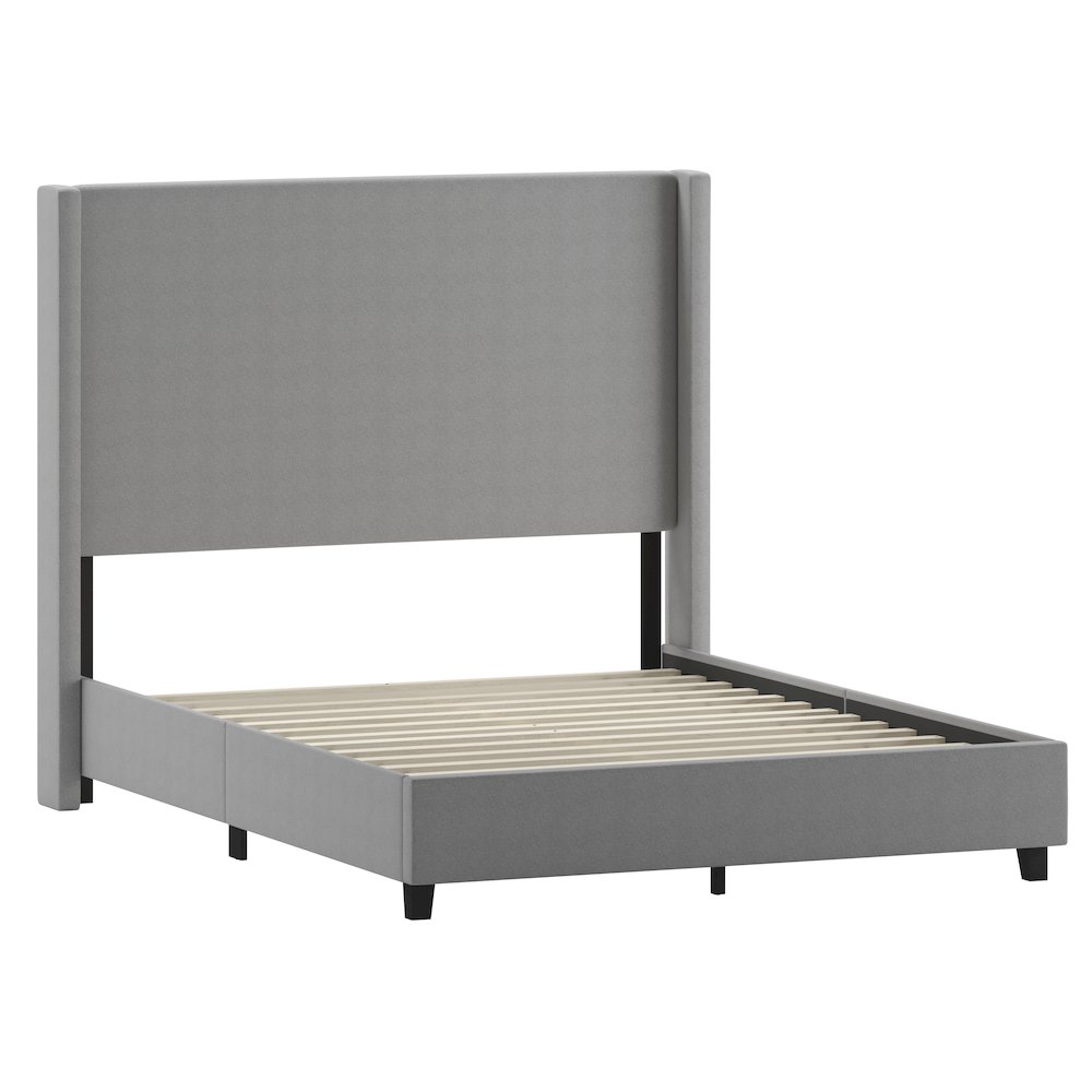 Queen Upholstered Platform Bed with Channel Stitched Wingback Headboard, Gray. Picture 1