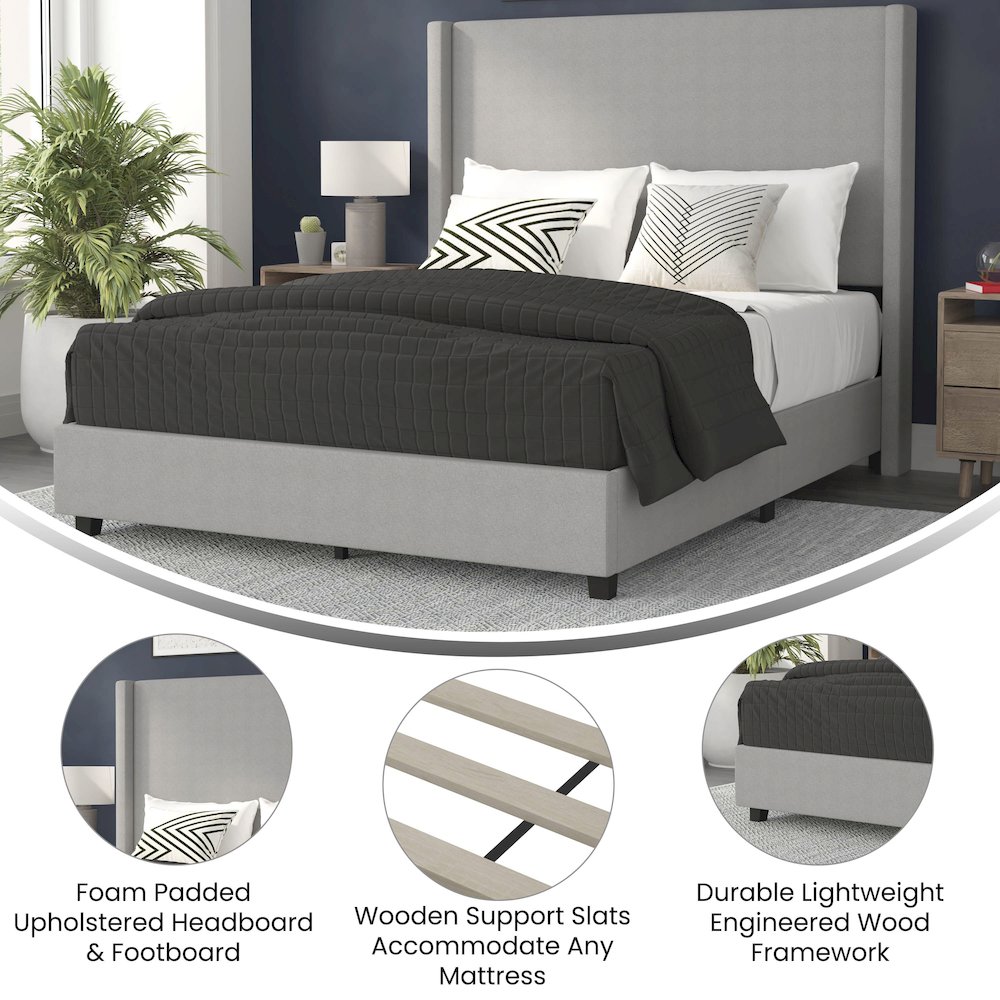 Queen Upholstered Platform Bed with Channel Stitched Wingback Headboard, Gray. Picture 4