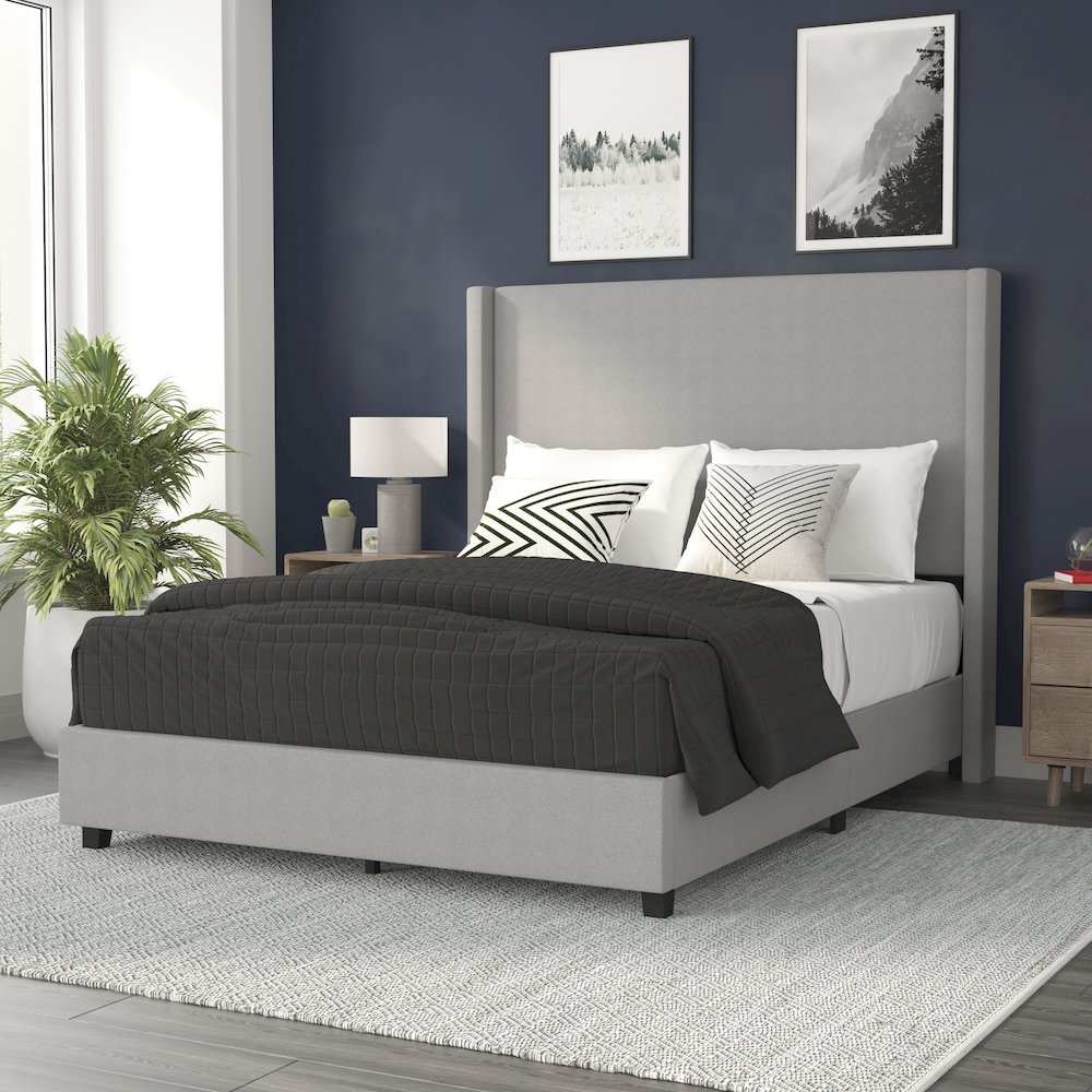 Queen Upholstered Platform Bed with Channel Stitched Wingback Headboard, Gray. Picture 2