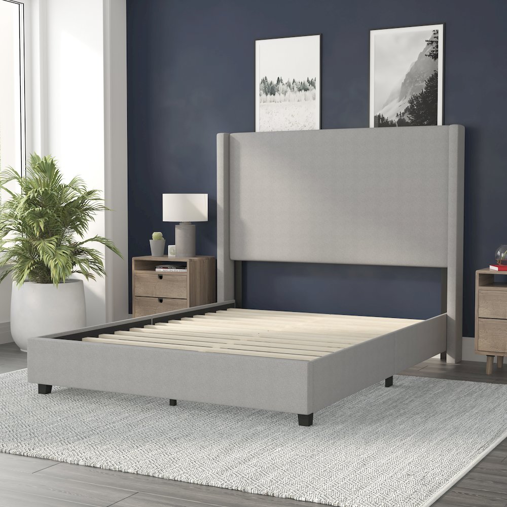 Queen Upholstered Platform Bed with Channel Stitched Wingback Headboard, Gray. Picture 6