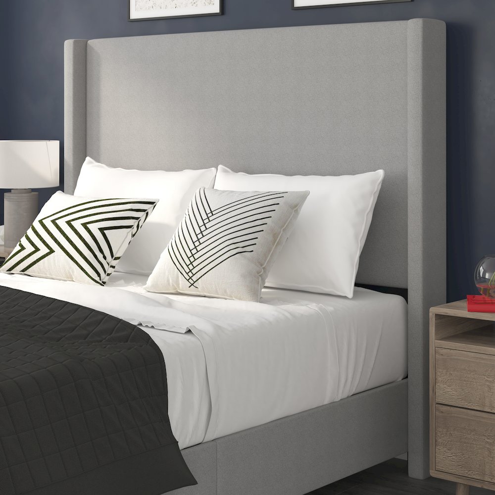 Queen Upholstered Platform Bed with Channel Stitched Wingback Headboard, Gray. Picture 7