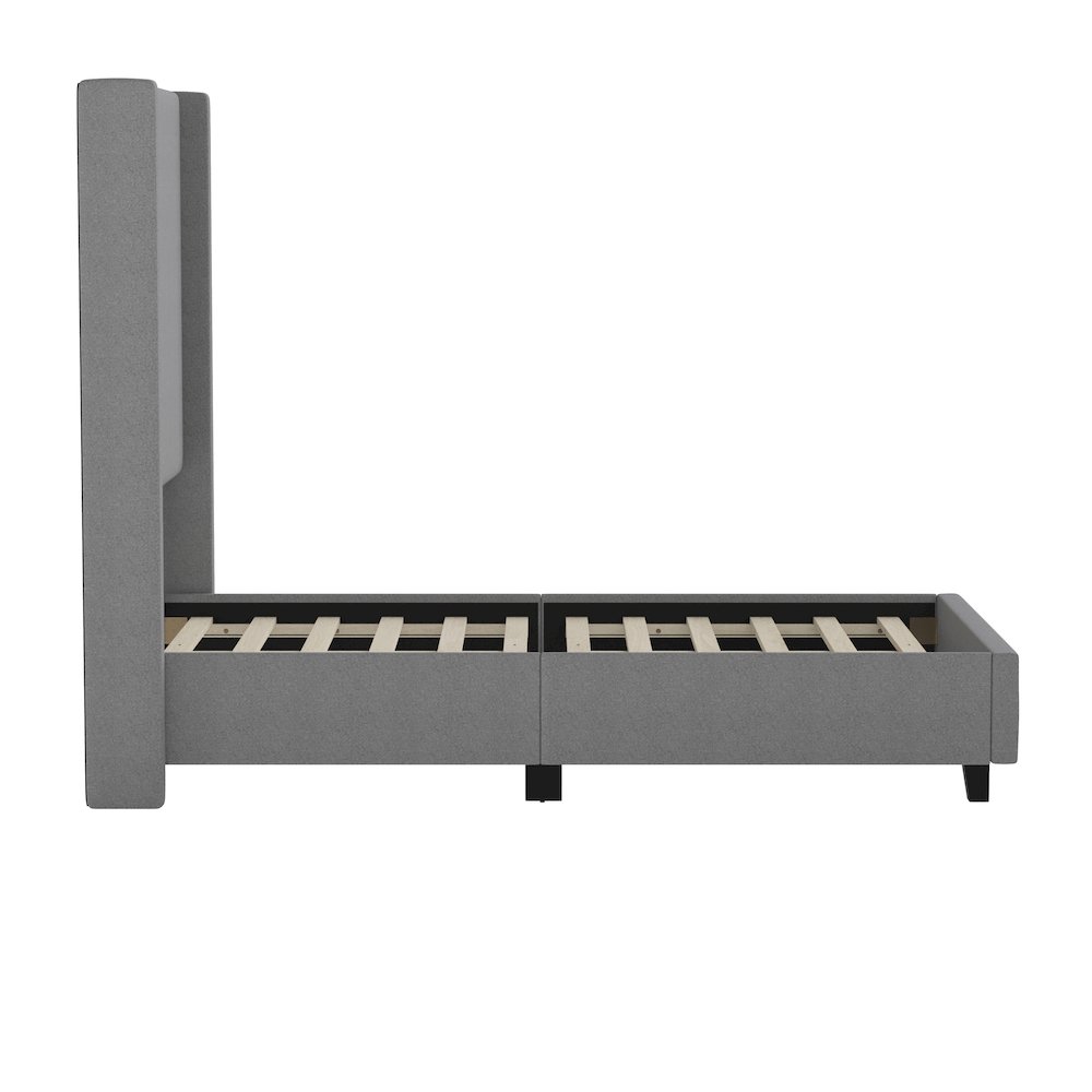 Twin Upholstered Platform Bed with Channel Stitched Wingback Headboard, Gray. Picture 9