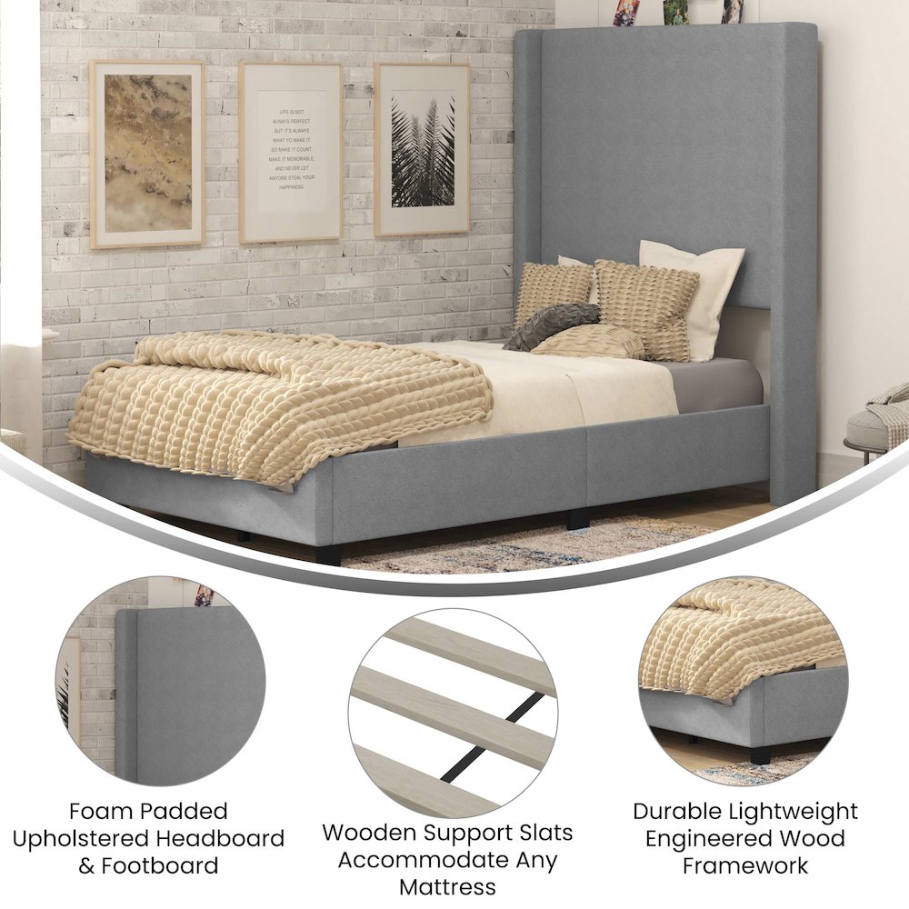 Twin Upholstered Platform Bed with Channel Stitched Wingback Headboard, Gray. Picture 4