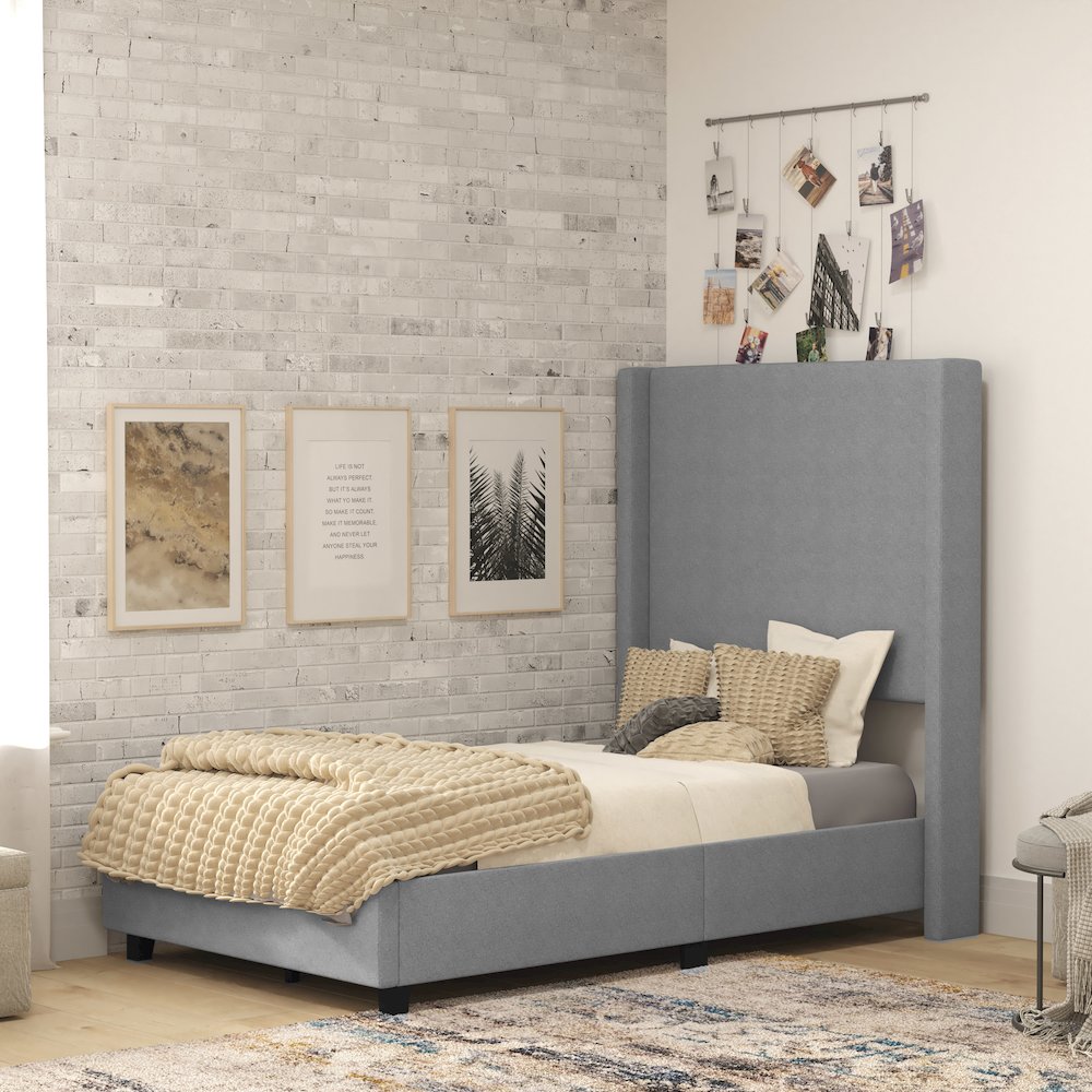 Twin Upholstered Platform Bed with Channel Stitched Wingback Headboard, Gray. Picture 2