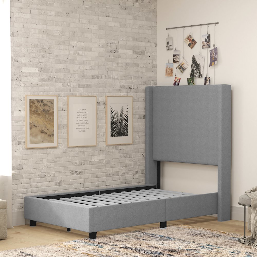 Twin Upholstered Platform Bed with Channel Stitched Wingback Headboard, Gray. Picture 6