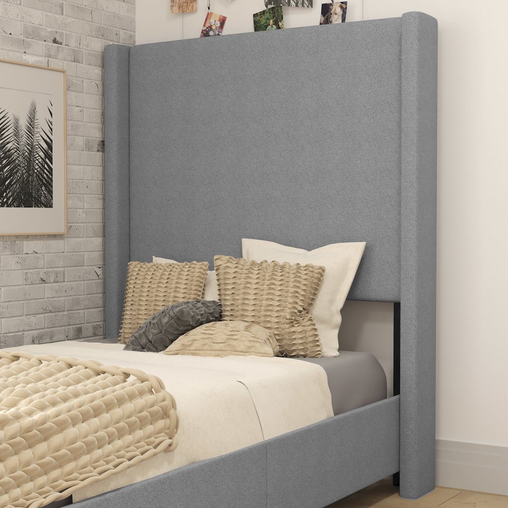 Twin Upholstered Platform Bed with Channel Stitched Wingback Headboard, Gray. Picture 7