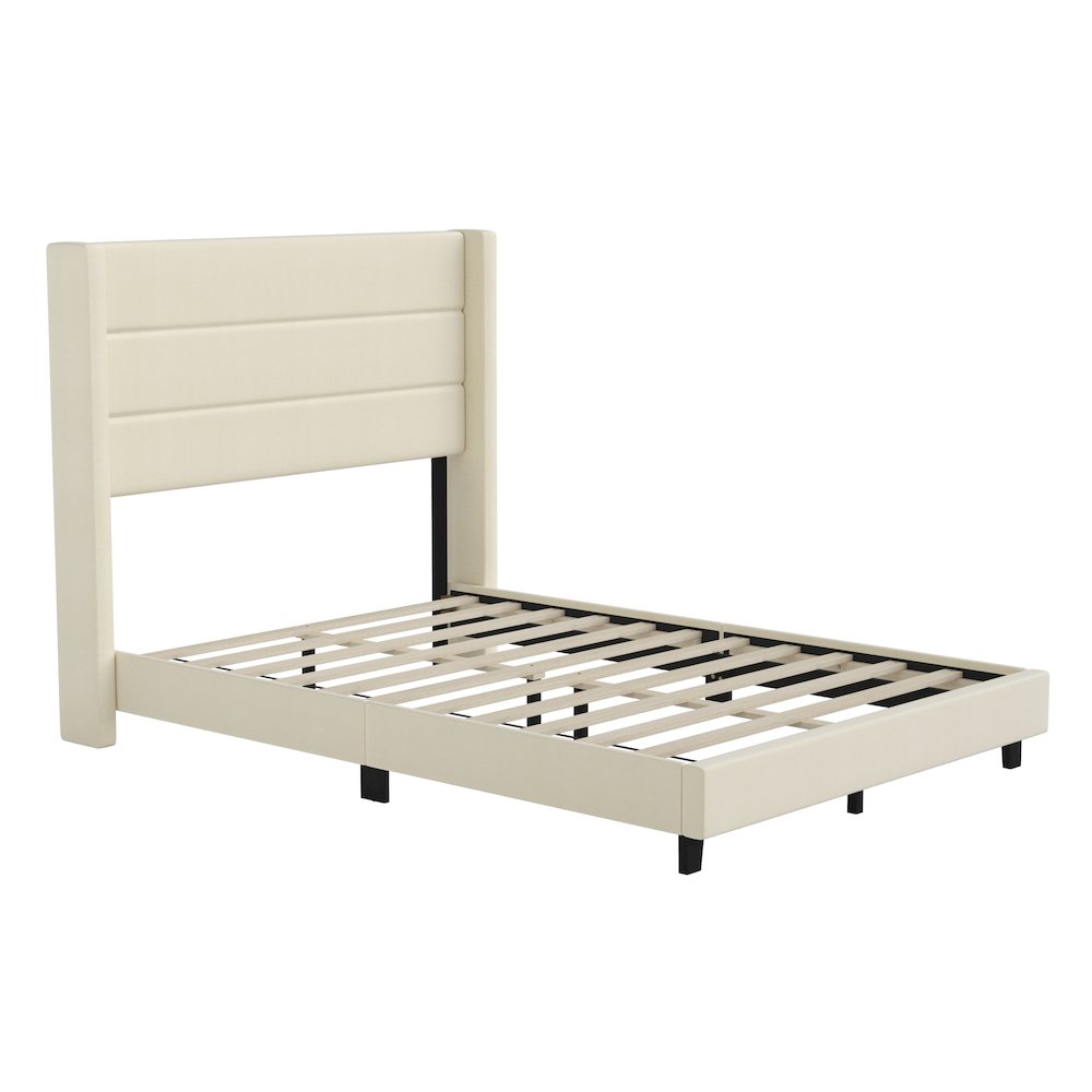 Full Upholstered Platform Bed with Wingback Headboard, Beige Faux Linen. Picture 1
