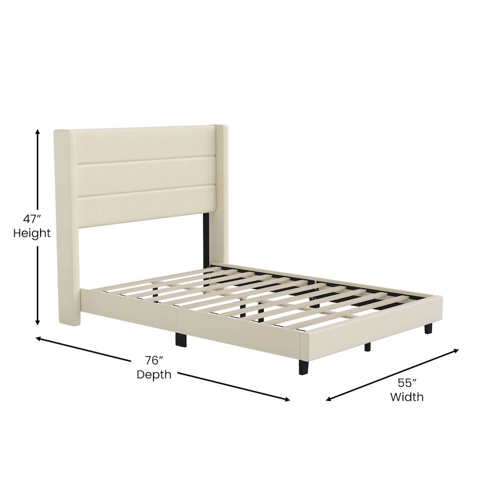 Full Upholstered Platform Bed with Wingback Headboard, Beige Faux Linen. Picture 5