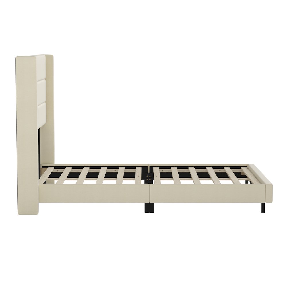 Full Upholstered Platform Bed with Wingback Headboard, Beige Faux Linen. Picture 9