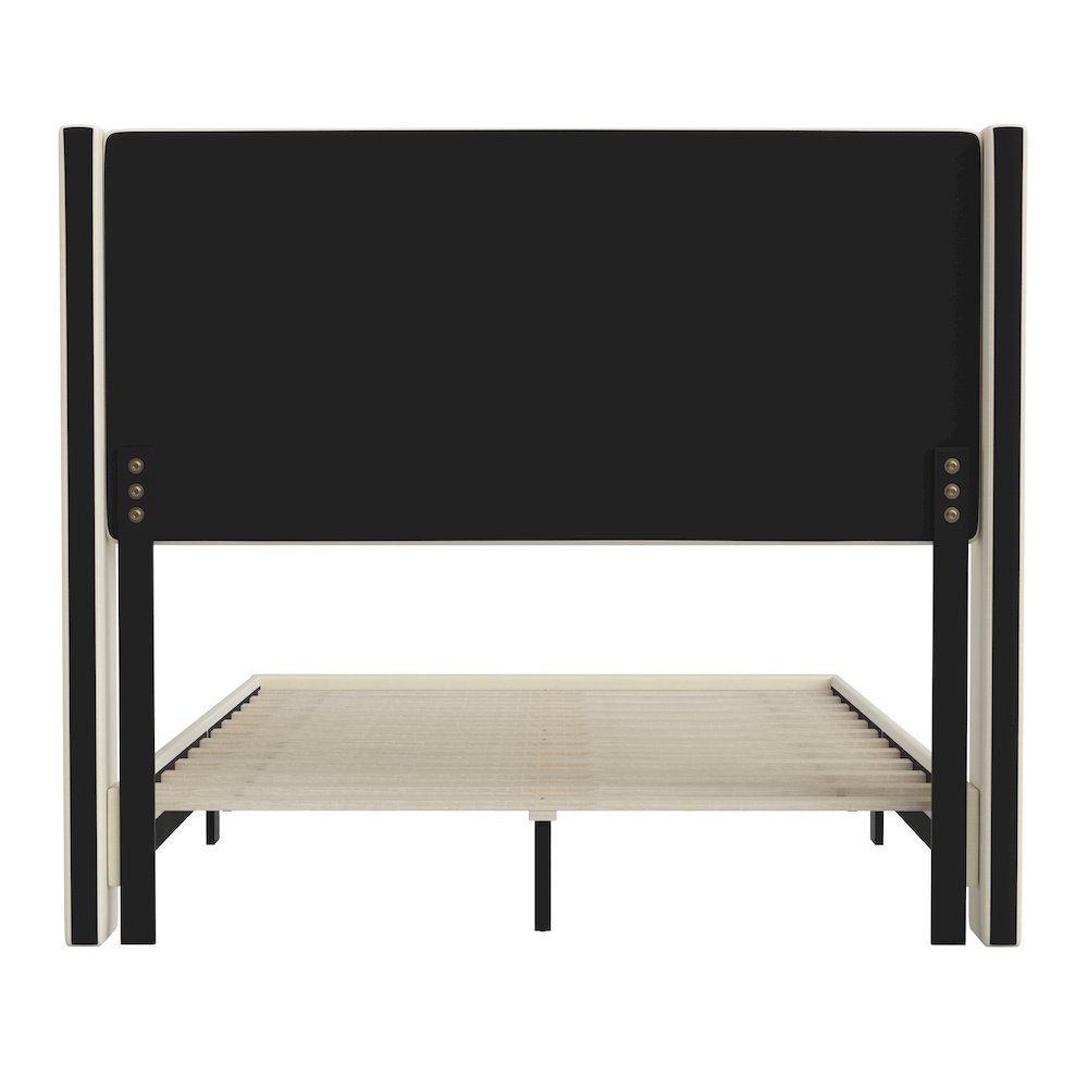 Full Upholstered Platform Bed with Wingback Headboard, Beige Faux Linen. Picture 8