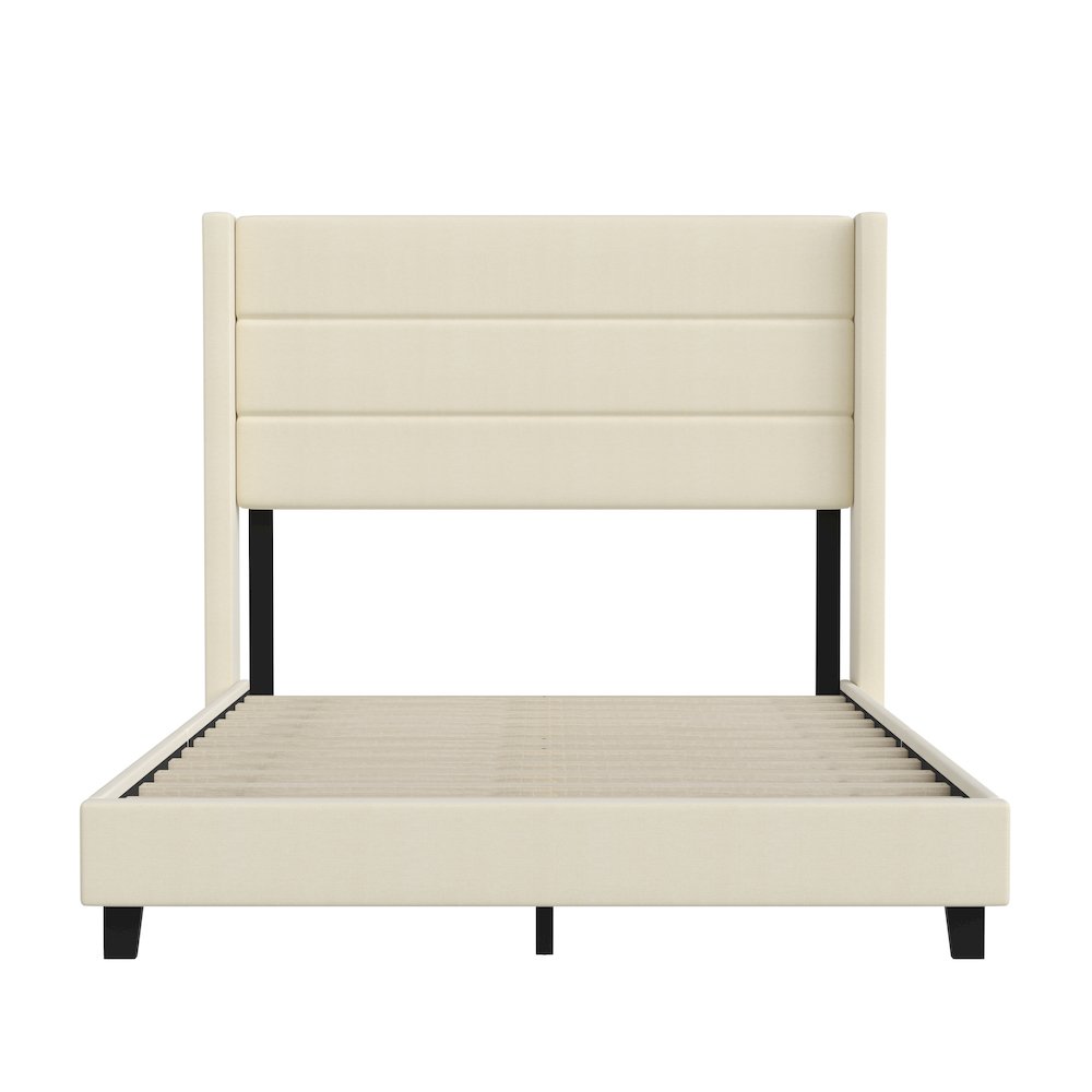 Full Upholstered Platform Bed with Wingback Headboard, Beige Faux Linen. Picture 10