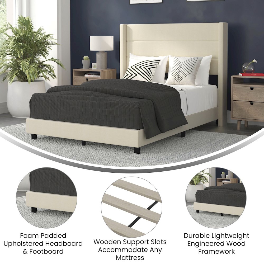 Full Upholstered Platform Bed with Wingback Headboard, Beige Faux Linen. Picture 4