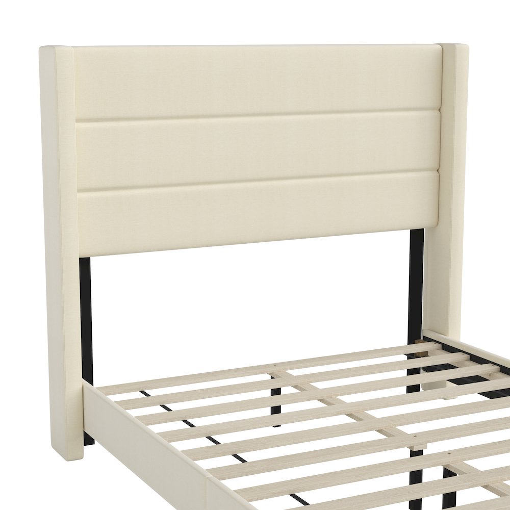 Full Upholstered Platform Bed with Wingback Headboard, Beige Faux Linen. Picture 11