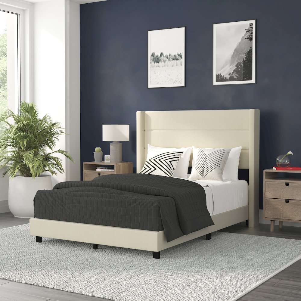 Full Upholstered Platform Bed with Wingback Headboard, Beige Faux Linen. Picture 2
