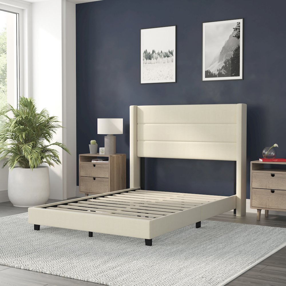 Full Upholstered Platform Bed with Wingback Headboard, Beige Faux Linen. Picture 6