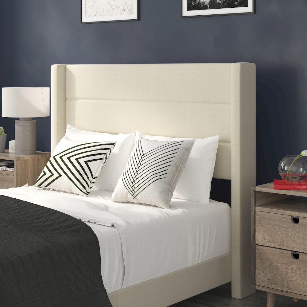 Full Upholstered Platform Bed with Wingback Headboard, Beige Faux Linen. Picture 7
