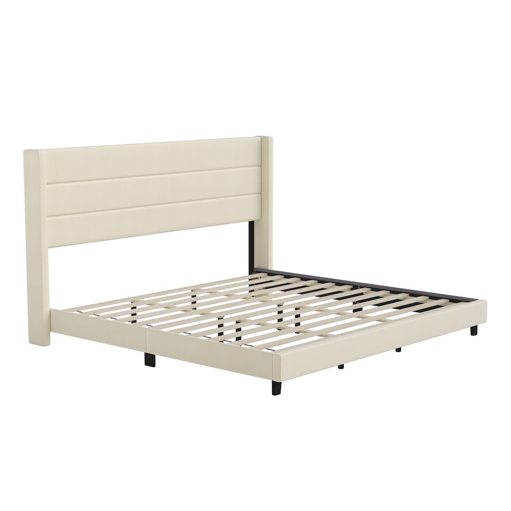 King Upholstered Platform Bed with Wingback Headboard, Beige Faux Linen. Picture 1