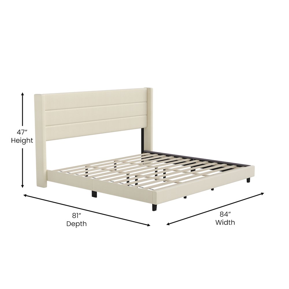 King Upholstered Platform Bed with Wingback Headboard, Beige Faux Linen. Picture 5