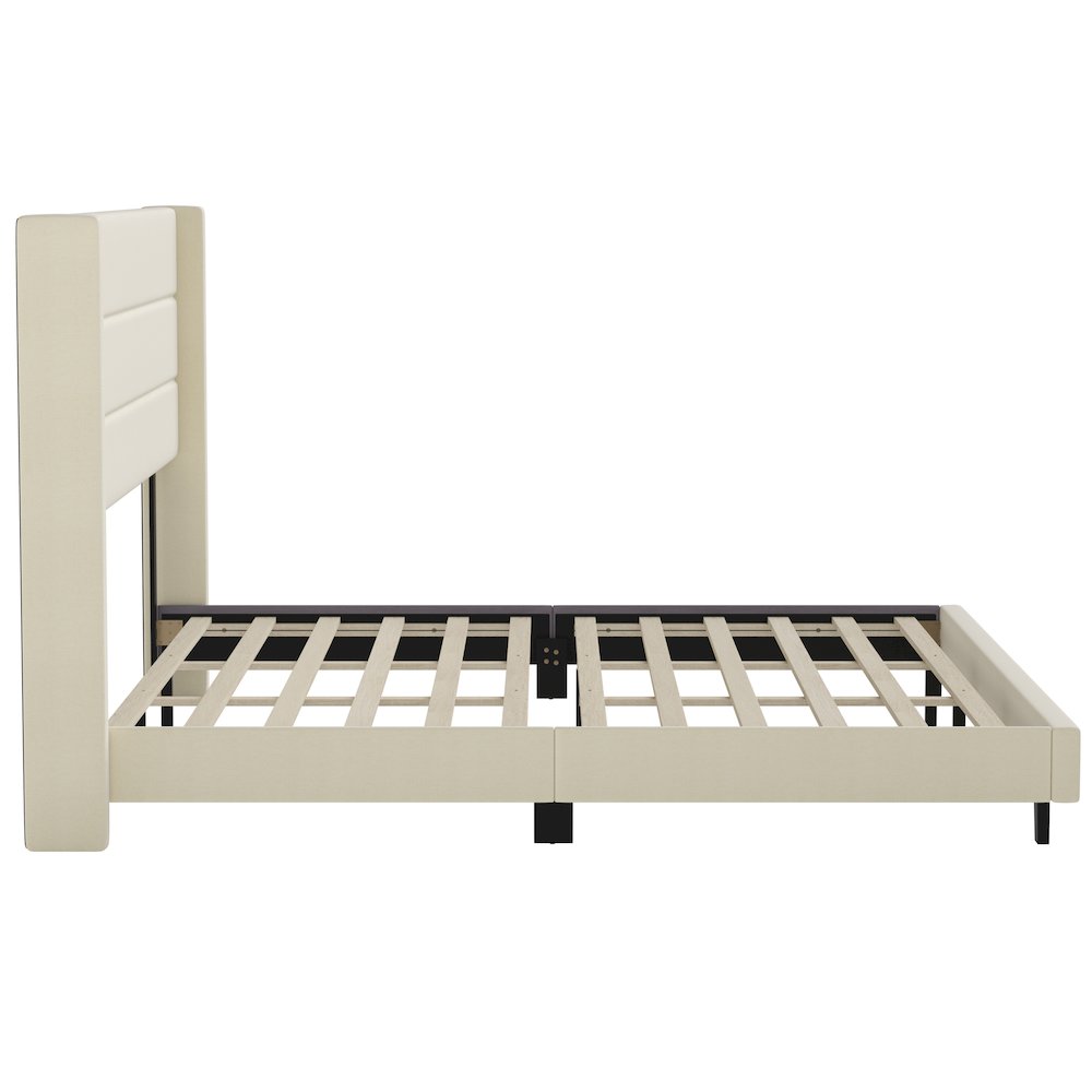 King Upholstered Platform Bed with Wingback Headboard, Beige Faux Linen. Picture 9