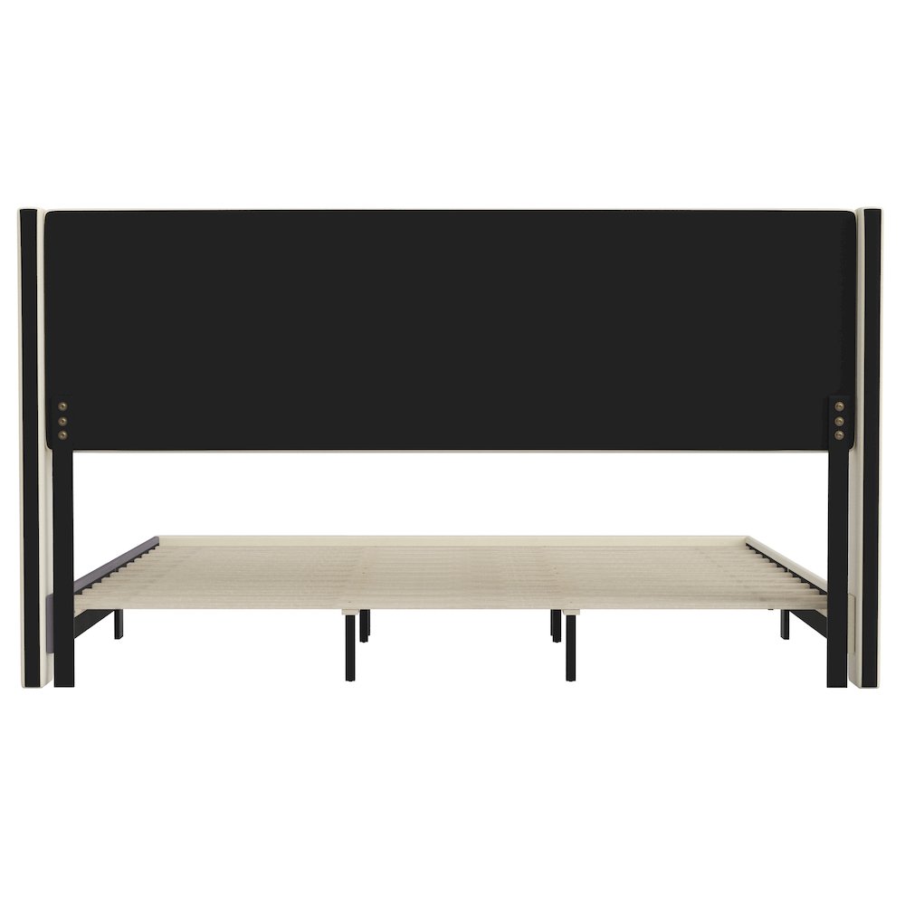 King Upholstered Platform Bed with Wingback Headboard, Beige Faux Linen. Picture 8