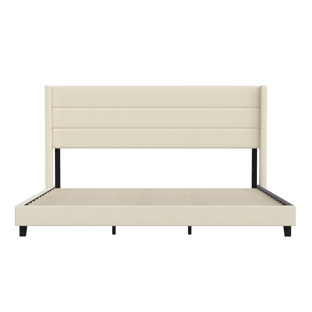 King Upholstered Platform Bed with Wingback Headboard, Beige Faux Linen. Picture 10