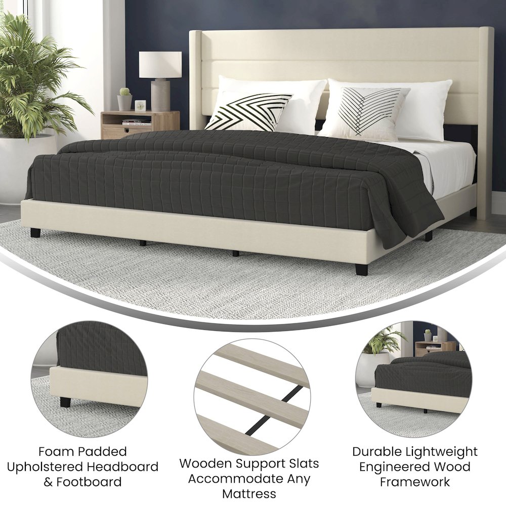 King Upholstered Platform Bed with Wingback Headboard, Beige Faux Linen. Picture 4