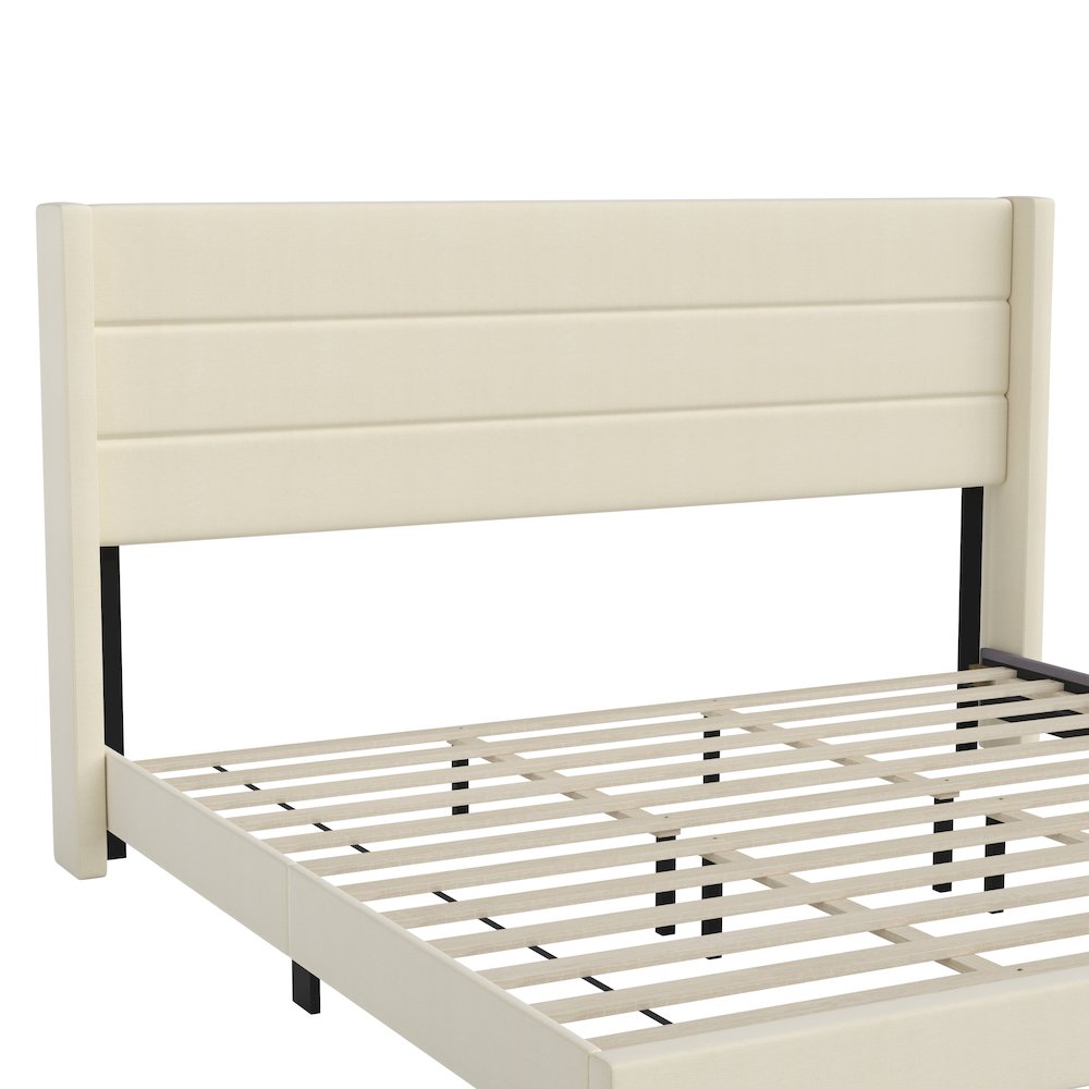 King Upholstered Platform Bed with Wingback Headboard, Beige Faux Linen. Picture 11