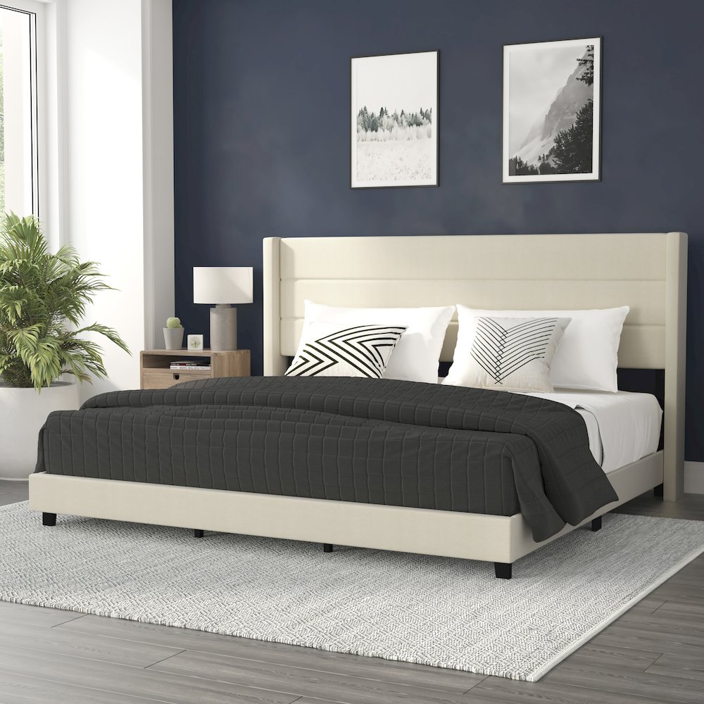 King Upholstered Platform Bed with Wingback Headboard, Beige Faux Linen. Picture 2