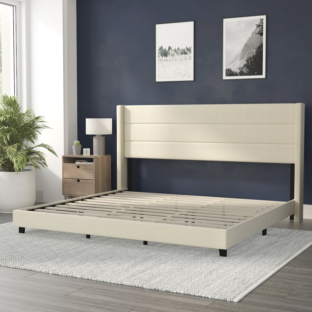 King Upholstered Platform Bed with Wingback Headboard, Beige Faux Linen. Picture 6