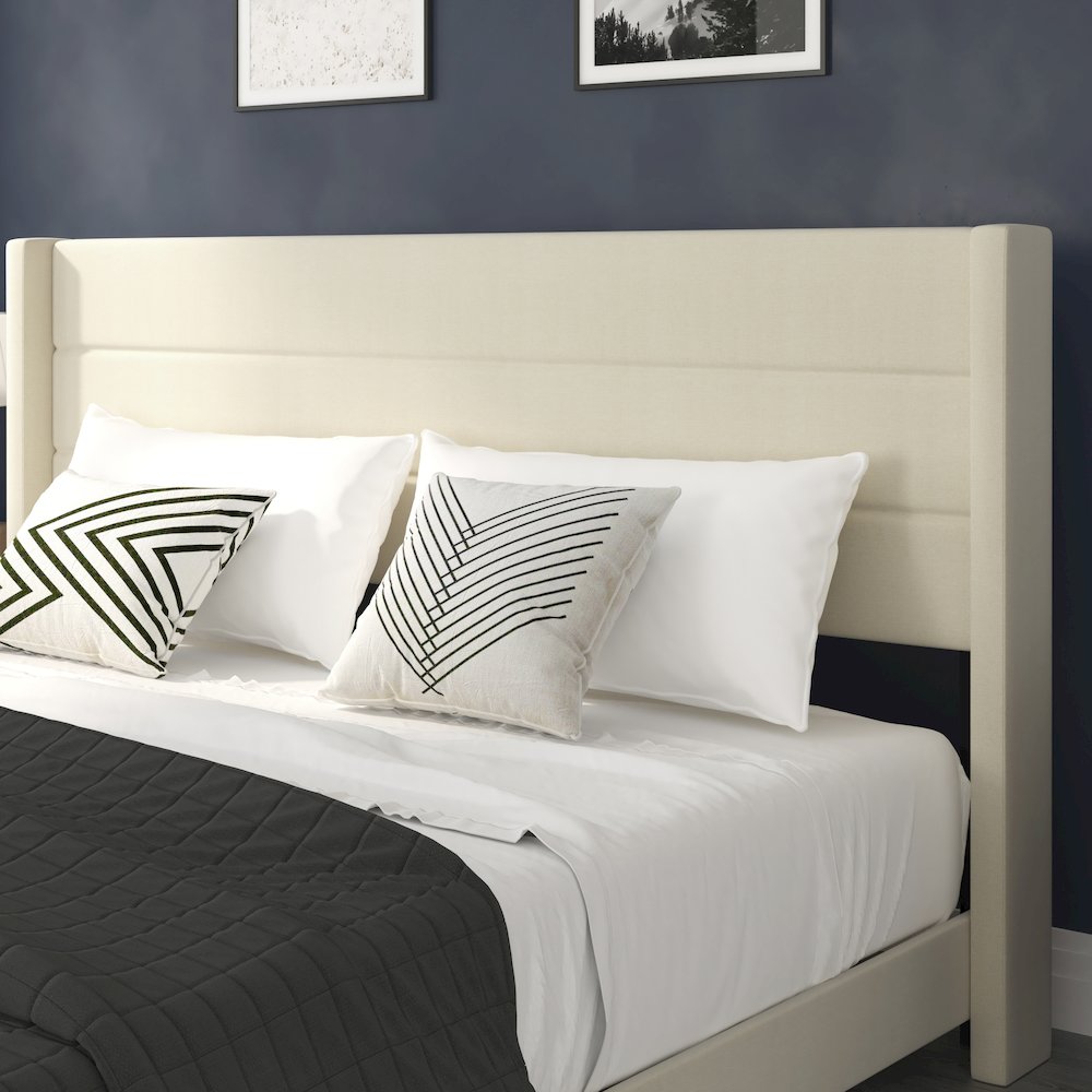 King Upholstered Platform Bed with Wingback Headboard, Beige Faux Linen. Picture 7