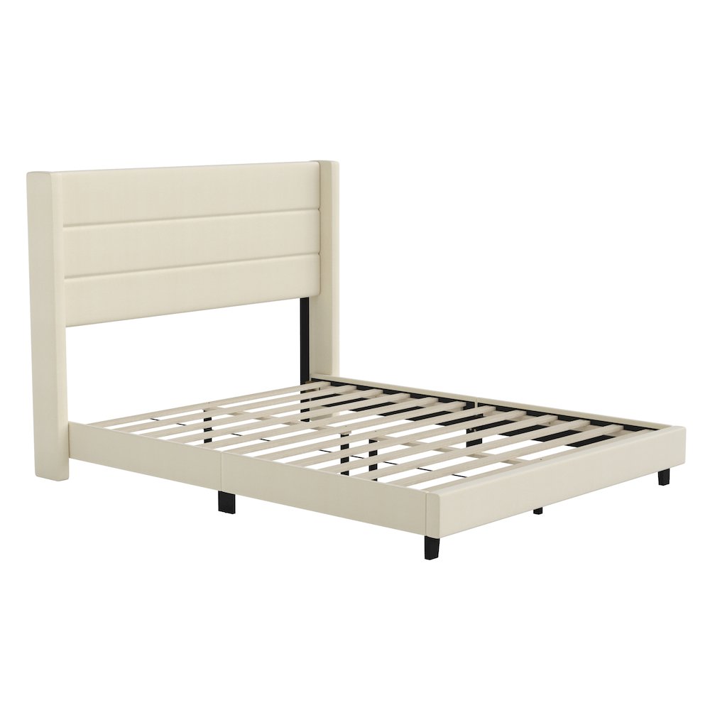 Queen Upholstered Platform Bed with Wingback Headboard, Beige Faux Linen. Picture 1