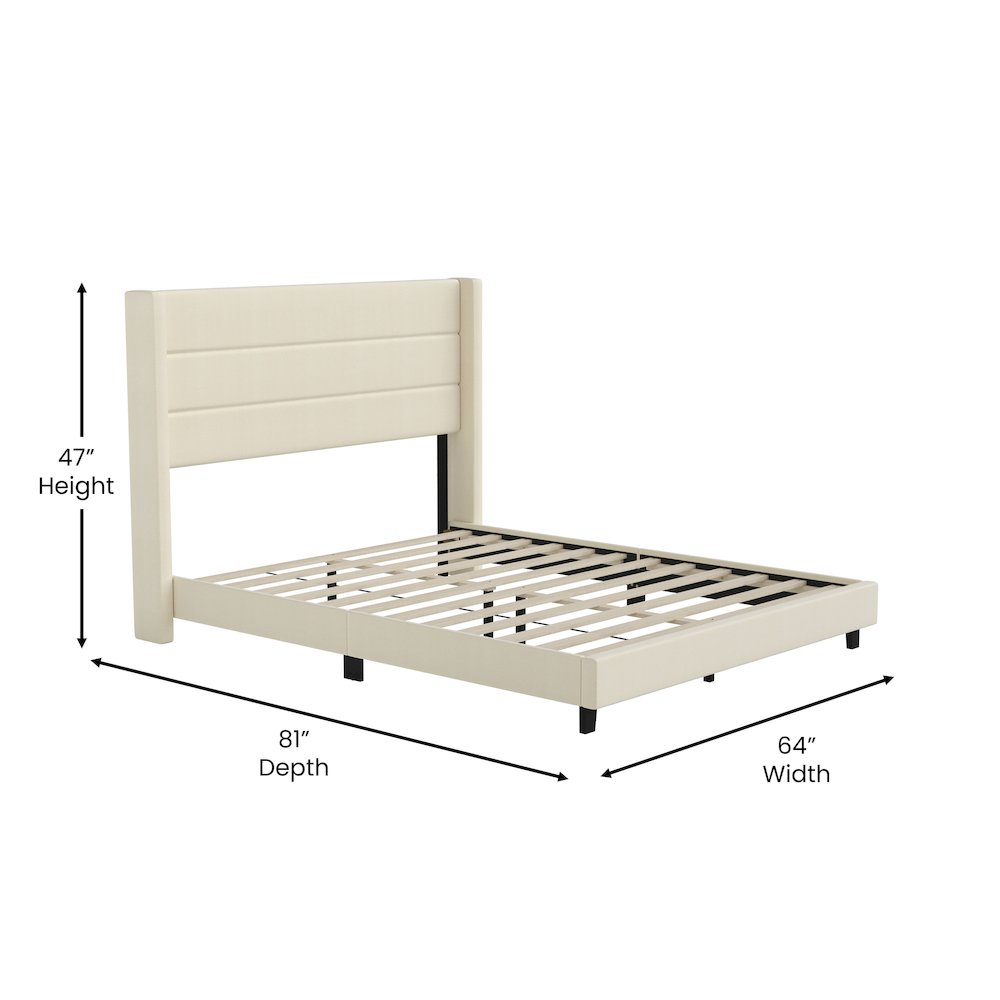 Queen Upholstered Platform Bed with Wingback Headboard, Beige Faux Linen. Picture 5